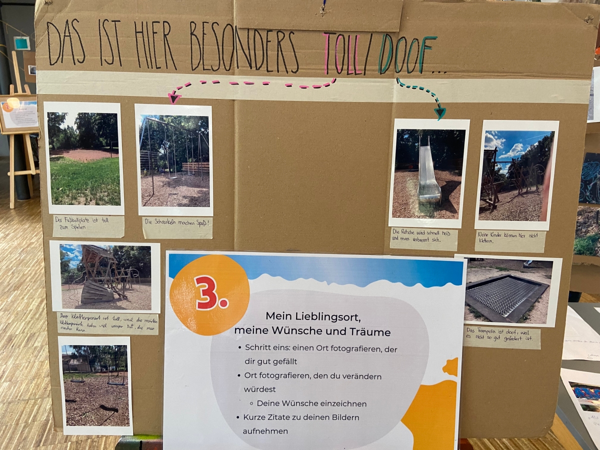 Zu sehen ist ein Plakat auf dem die Kinder gesammelt haben, was sie auf dem Spielplatz besonders toll oder doof finden. Sie haben z.B. Fotos von den Spielgeräten gemacht und Verbesserungswünsche dazu gemalt oder geschrieben.