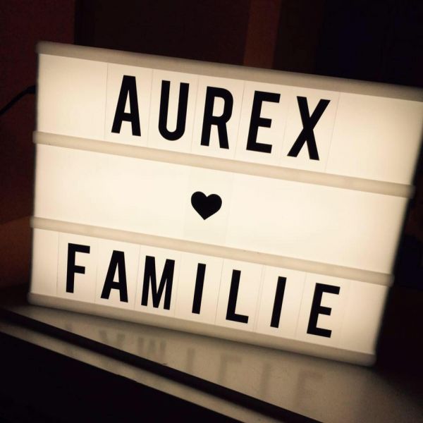 Lichtbox aufgestellt mit den Wörtern: 1. Aurex 2. (Symbol von Herz) 3. Familie