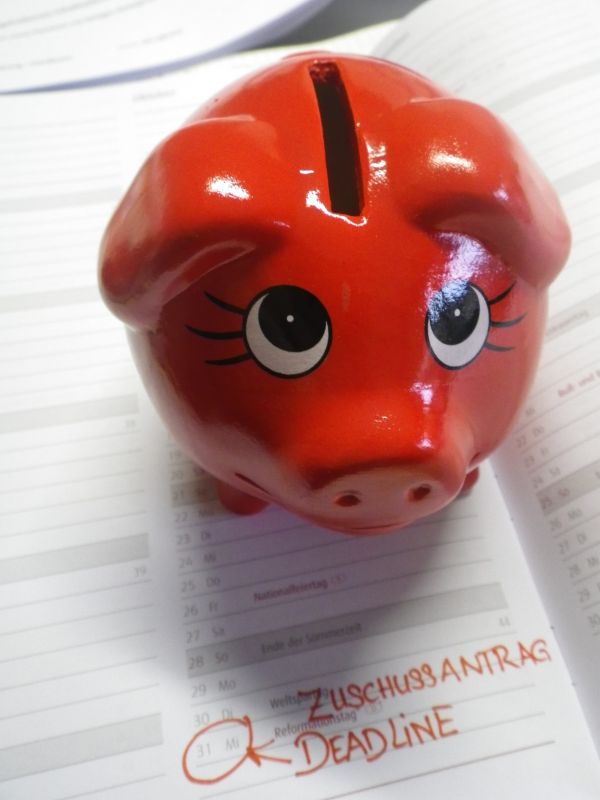 Zu sehen ist ein rotes Sparschwein und ein Kalender in dem der 31. Oktober rot markiert ist und daneben steht: "Zuschussantrag Deadline"
